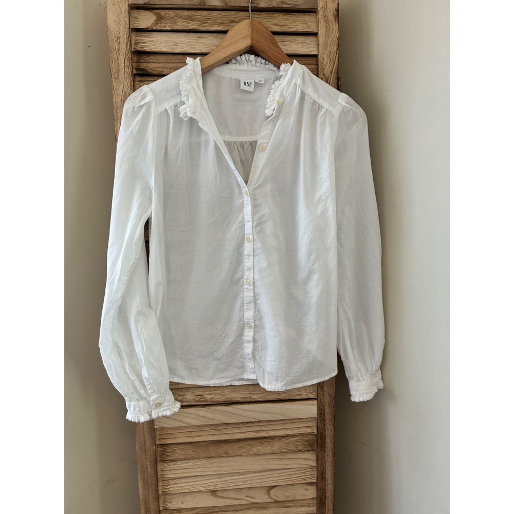 Gap White Ruffle Collar Button Down Blouse Long Sleeve Petite Small Cottagecore